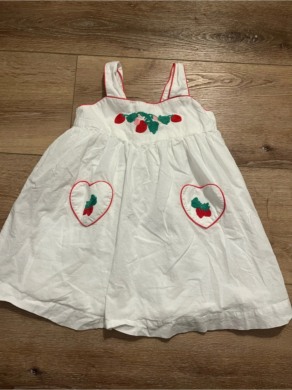 White Girls' Strawberry Embroidered Sundress with Heart Pockets